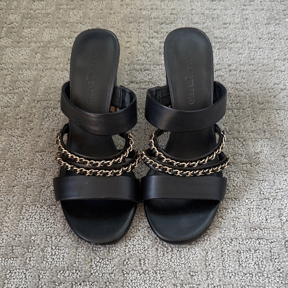 Karl Lagerfeld Black Sandals with Gold Chain